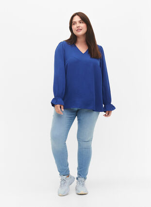 V-hals blouse met lange mouw, Mazarine Blue, Model image number 2