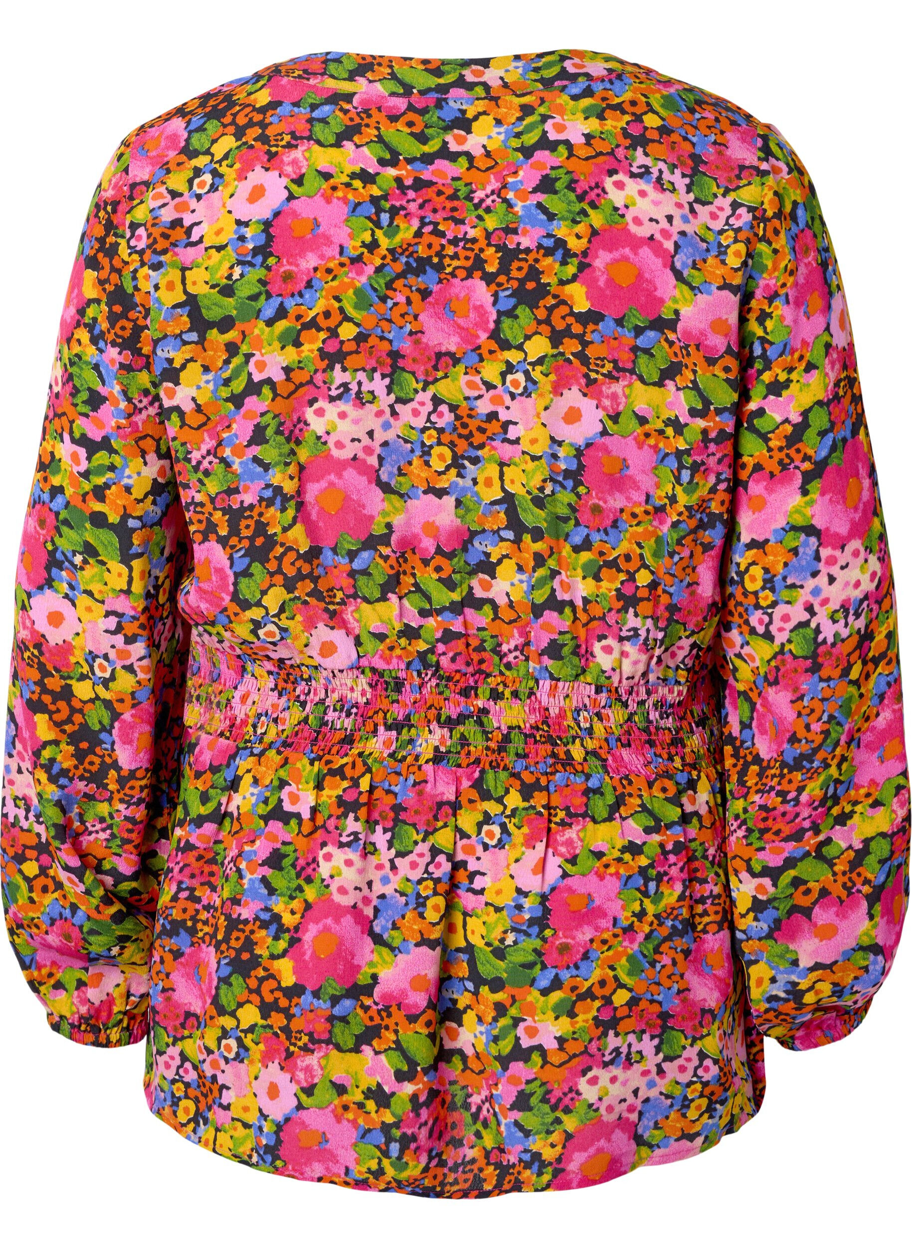 Zizzi Blouse en viscose &agrave; imprim&eacute; floral et &agrave; smocks, Neon Flower Print, Packshot image number 1