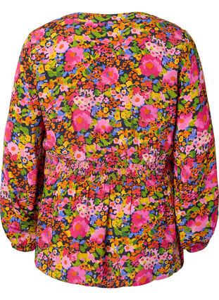 Blouse en viscose à imprimé floral et à smocks, Neon Flower Print, Packshot image number 1