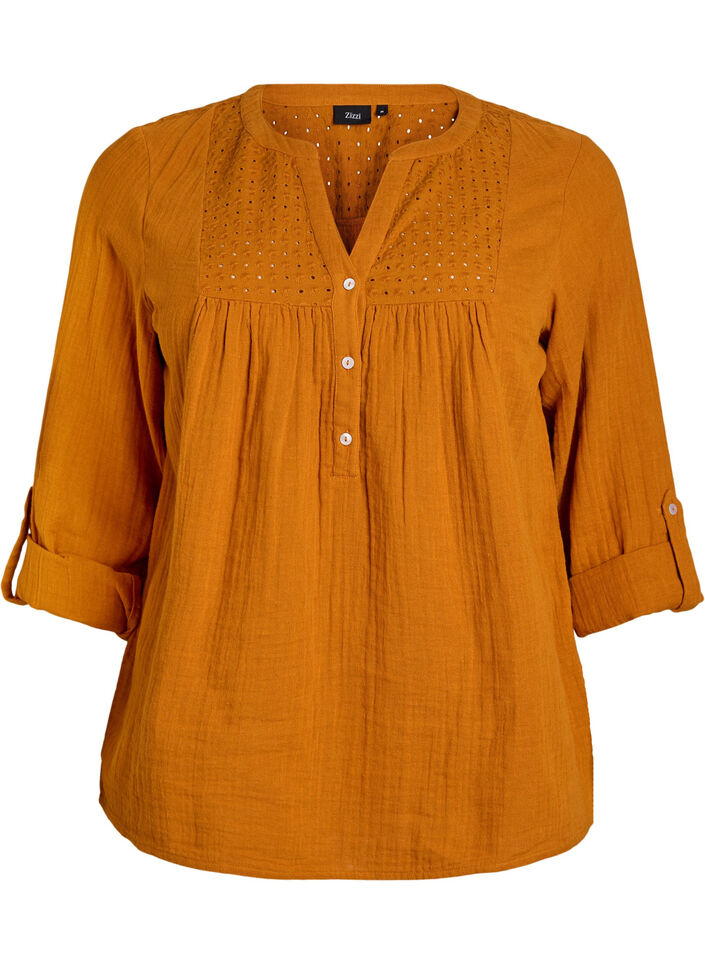 Blouse en mousseline de coton avec broderie anglaise, Orange, Packshot image number 0