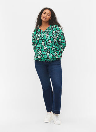 Gebloemde viscose blouse met smokwerk, Green Flower AOP, Model image number 1
