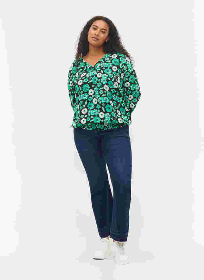 Gebloemde viscose blouse met smokwerk, Green Flower AOP, Model image number 1