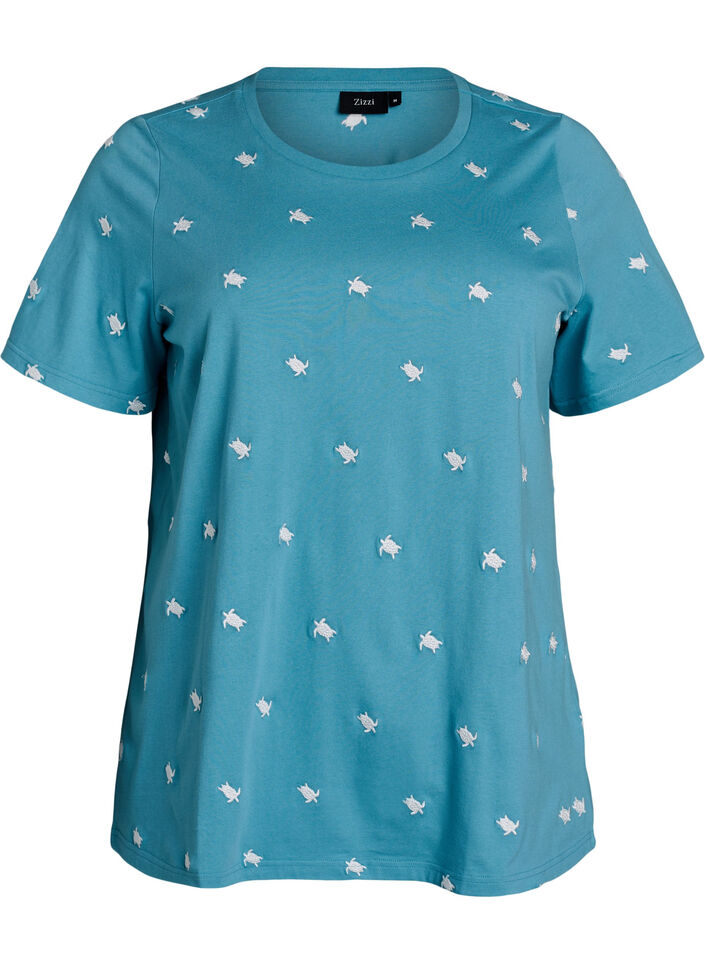 T-shirt en coton biologique avec motifs brod&eacute;s, Bleu, Packshot image number 0