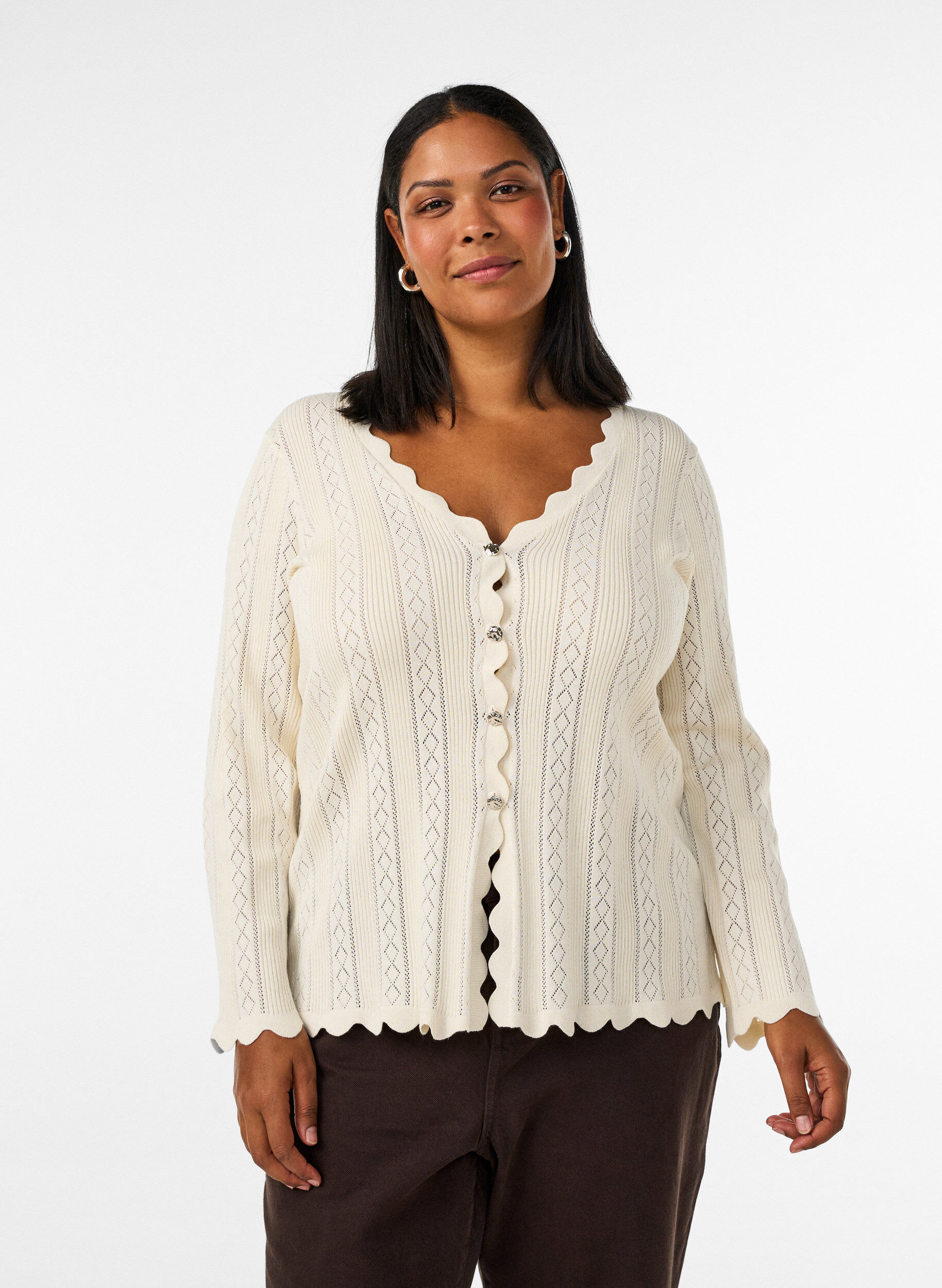 ZizziCardigan with eyelet embroidery and wavy edges, Vanilla, Model image number 0