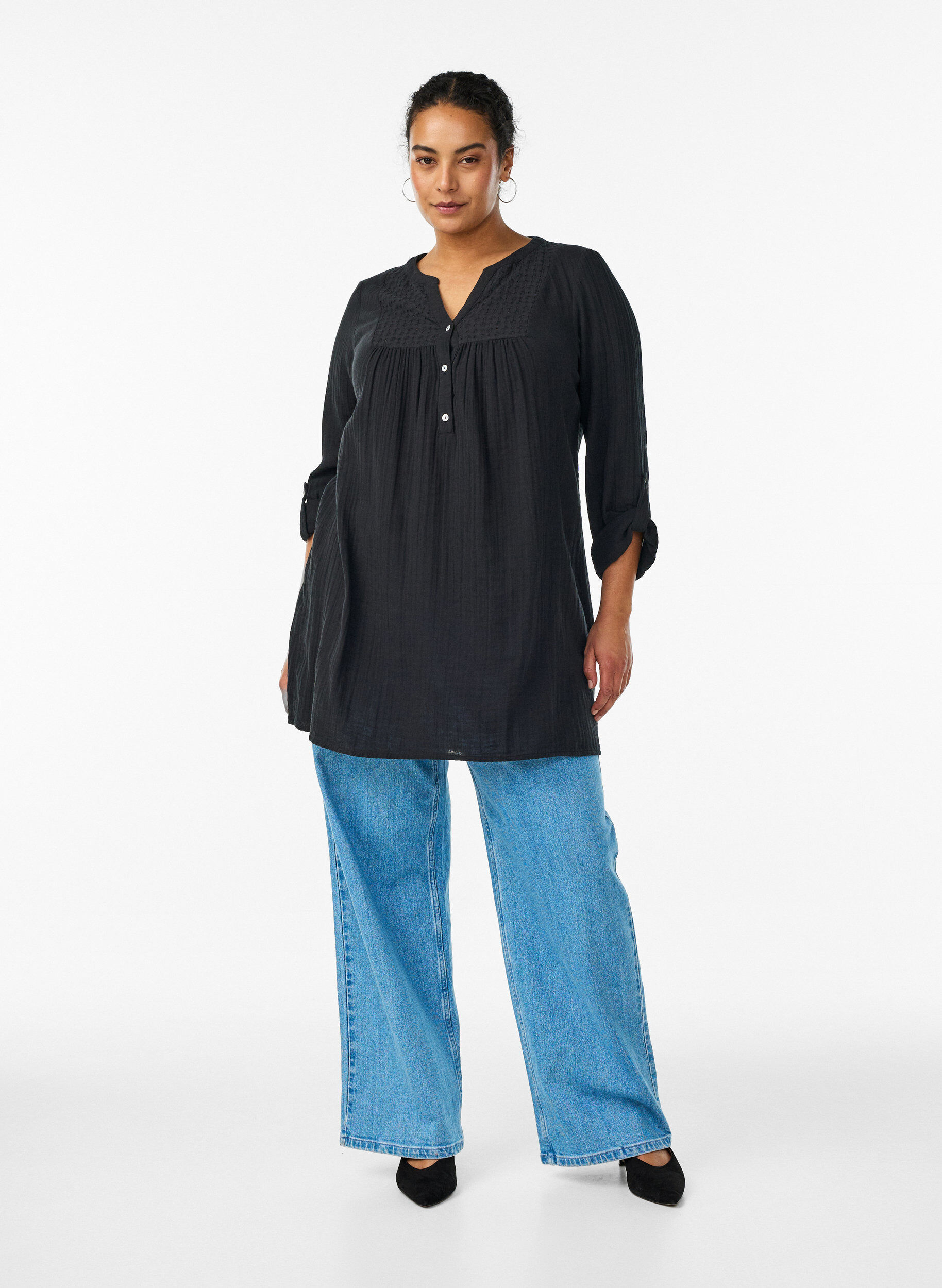 ZizziKatoenen mousseline tuniek met broderie anglaise, Zwart, Model image number 1