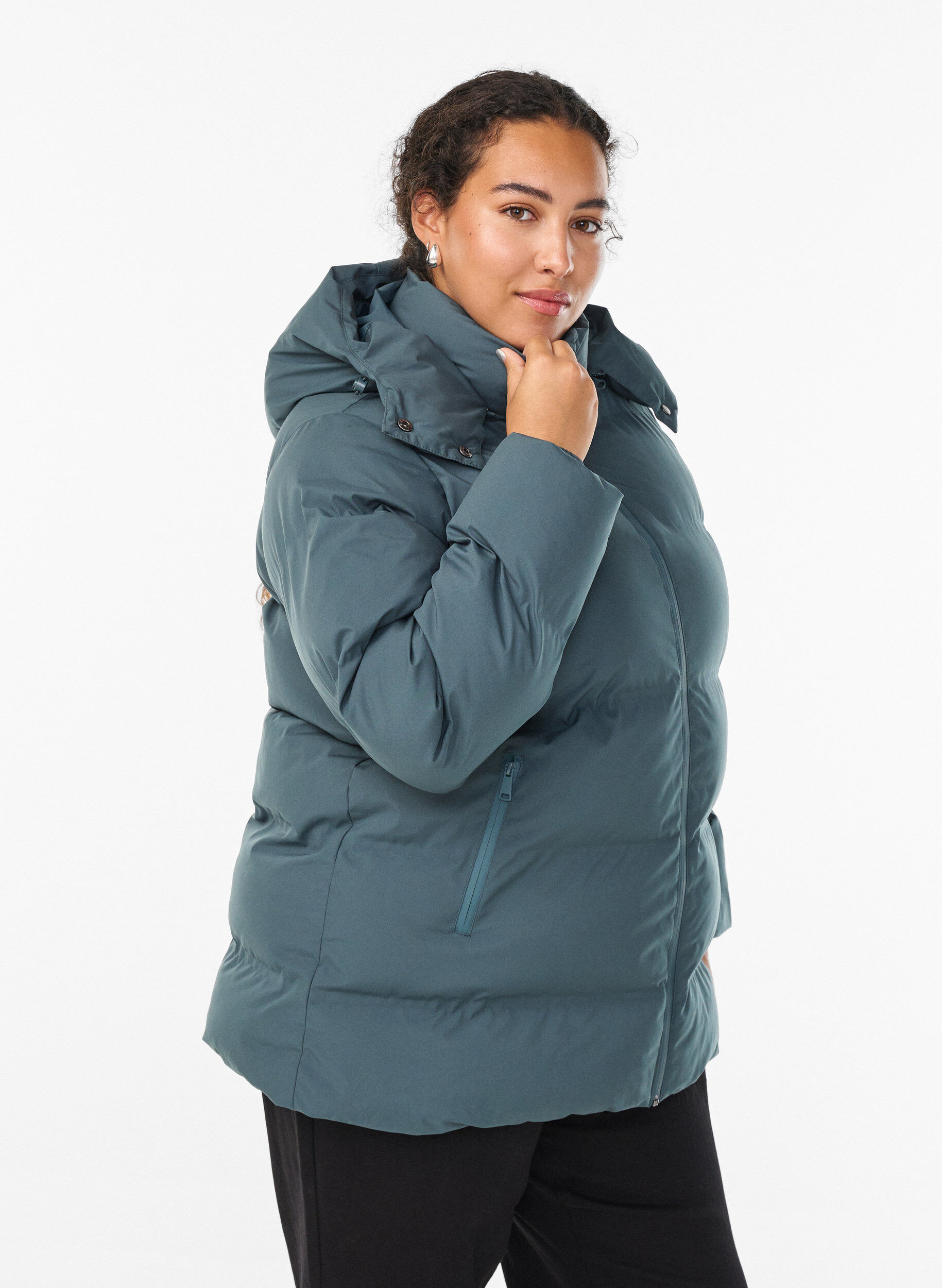 Doudoune courte avec capuche amovible, Vert, Model