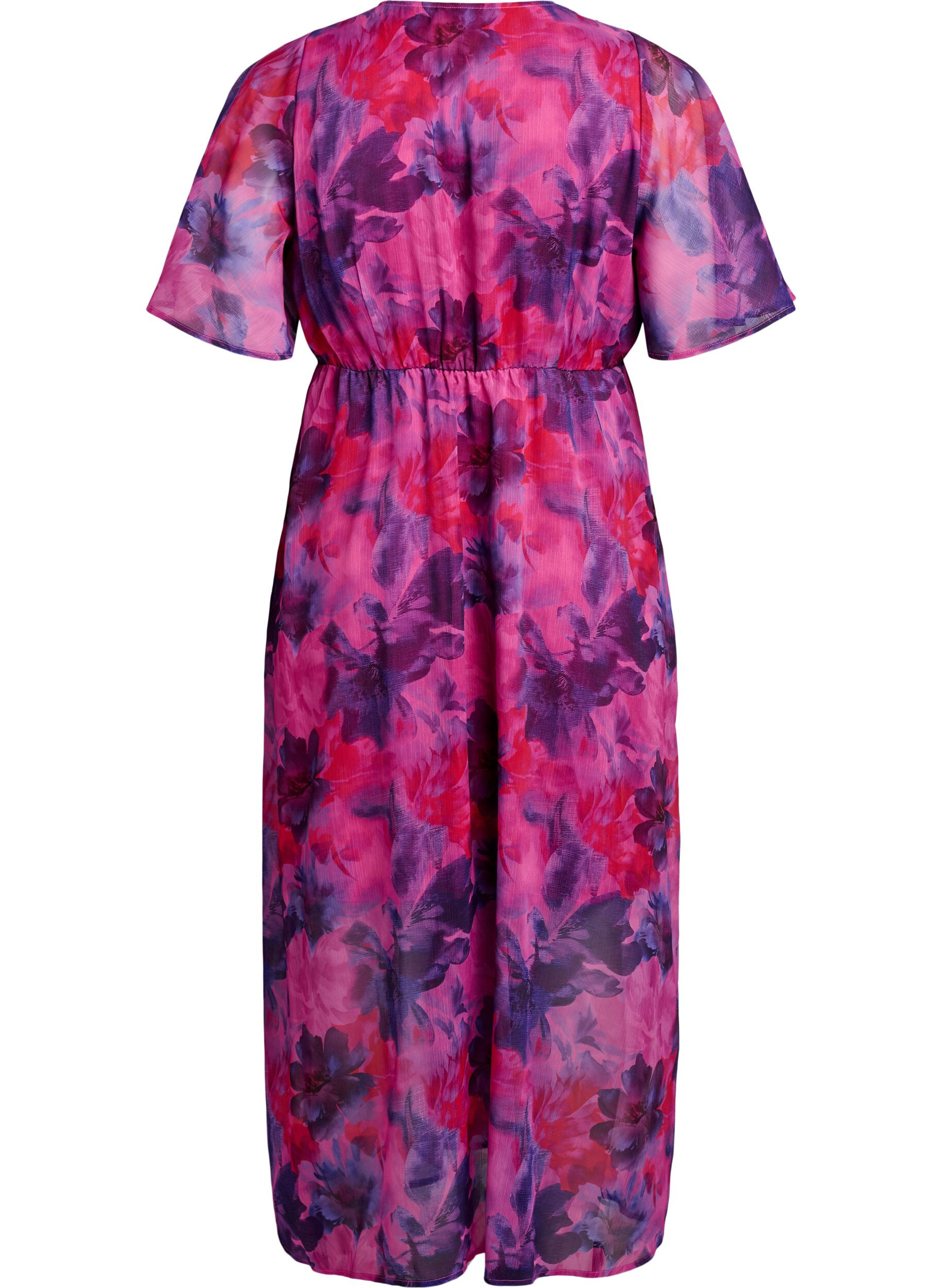 ZizziLange chiffon jurk met bloemenprint en korte mouwen, Rood, Packshot image number 1