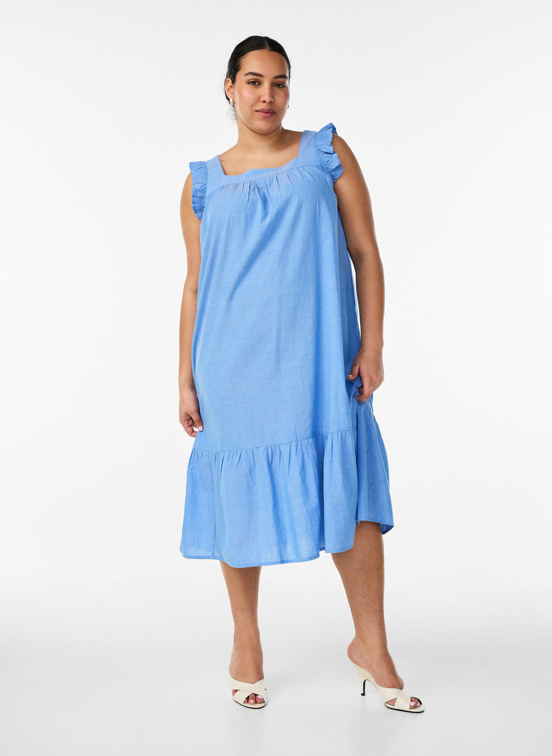 ZizziRobe midi en coton avec volants, Bleu Clair, Model image number 0