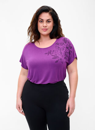 T-shirt à manches courtes en viscose avec imprimé floral, Grape Juice Flower, Model image number 0