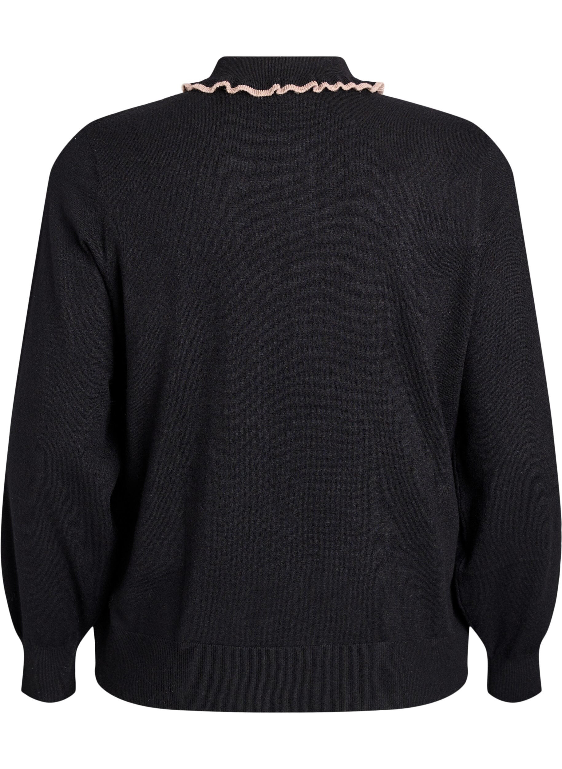 ZizziGebreide blouse met een geruffelde polokraag, Zwart, Packshot image number 1