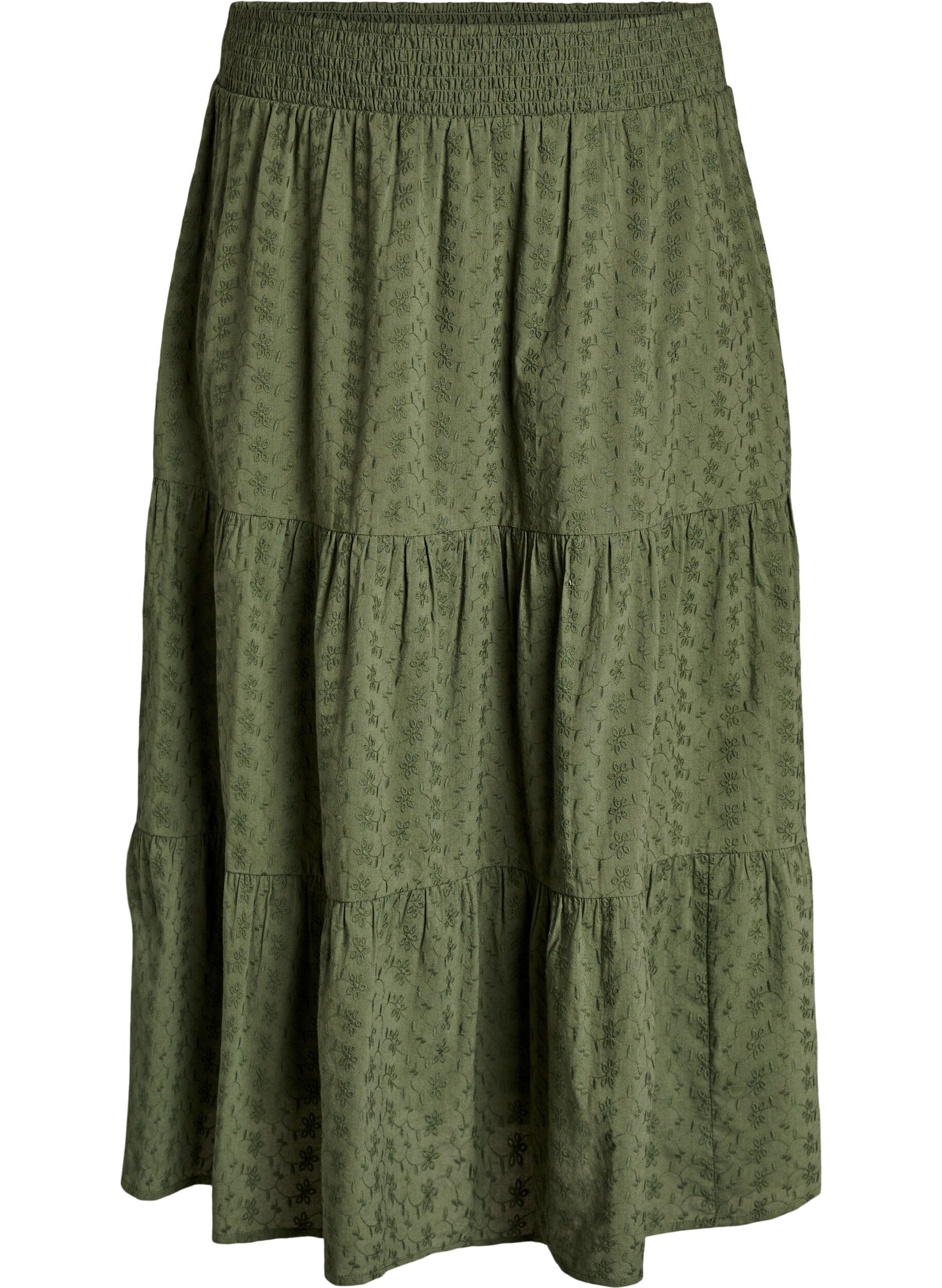 ZizziEnkellange katoenen rok met gesmokte taille, Groen, Packshot image number 0