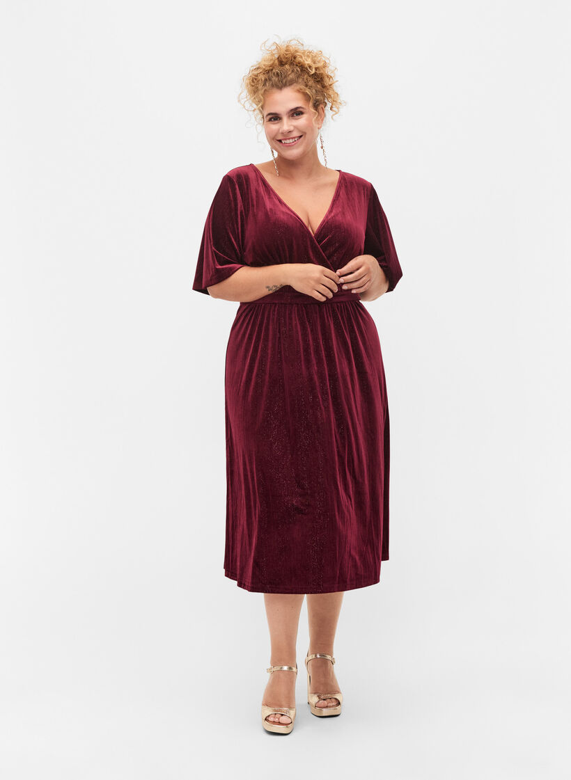 Velours jurk met v-hals en glitters, Winetasting, Model image number 0