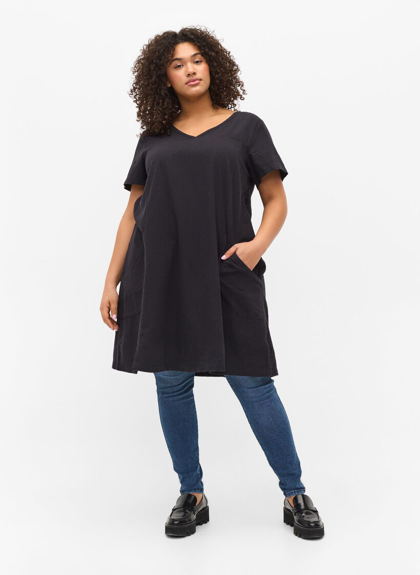Katoenen jurk met korte mouwen, Zwart, Model image number 1