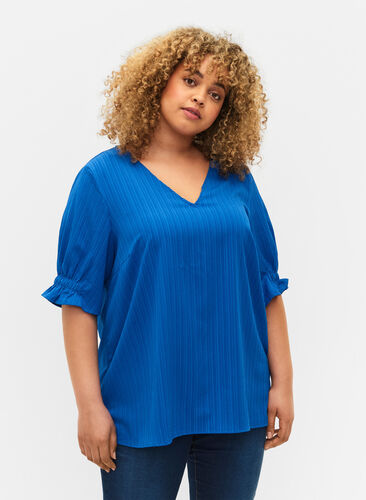 Gestreepte blouse met 1/2 mouwen, Victoria blue, Model image number 0