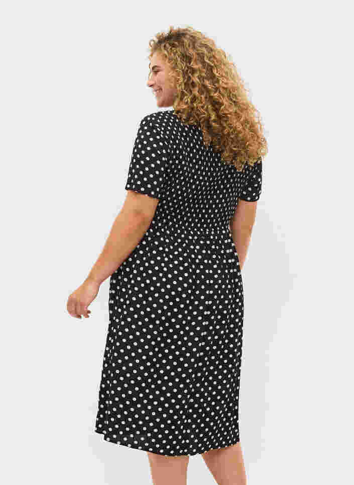Viscose jurk met print en smokwerk, Black Dot, Model