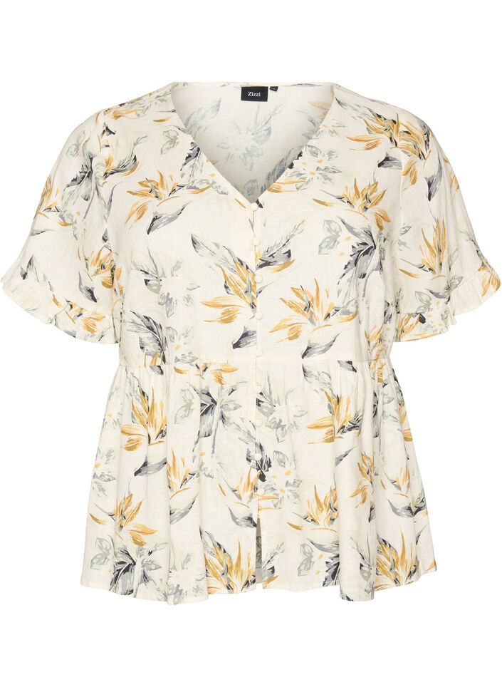 Blouse en lin et viscose avec un col en V et une fermeture boutonn&eacute;e, Blanc, Packshot image number 0