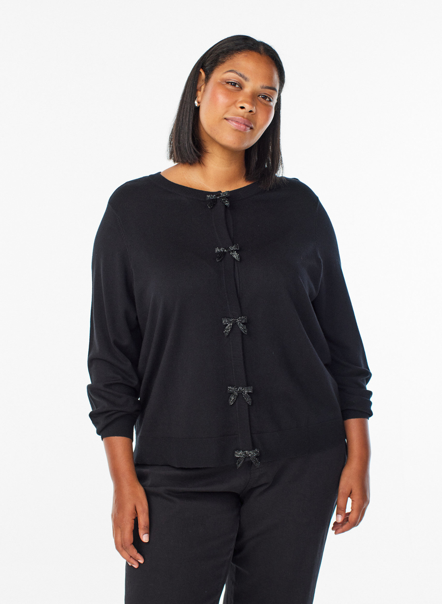 Cardigan met parelgeborduurde strikken en drukknoopjes, Zwart, Model
