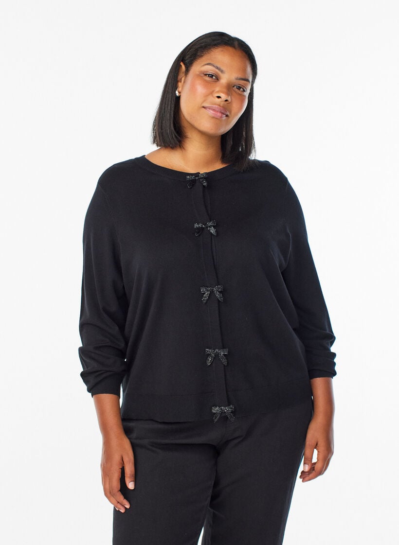 Cardigan met parelgeborduurde strikken en drukknoopjes, Zwart, Model image number 0