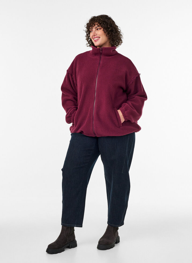 Veste teddy avec finitions en broderie anglaise et col montant, Bordeaux, Model image number 1