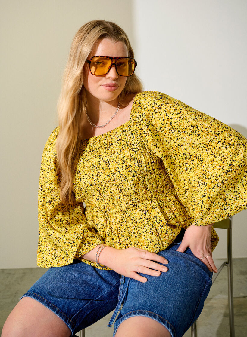 Blouse smock&eacute;e &agrave; encolure carr&eacute;e, Jaune, Image image number 0