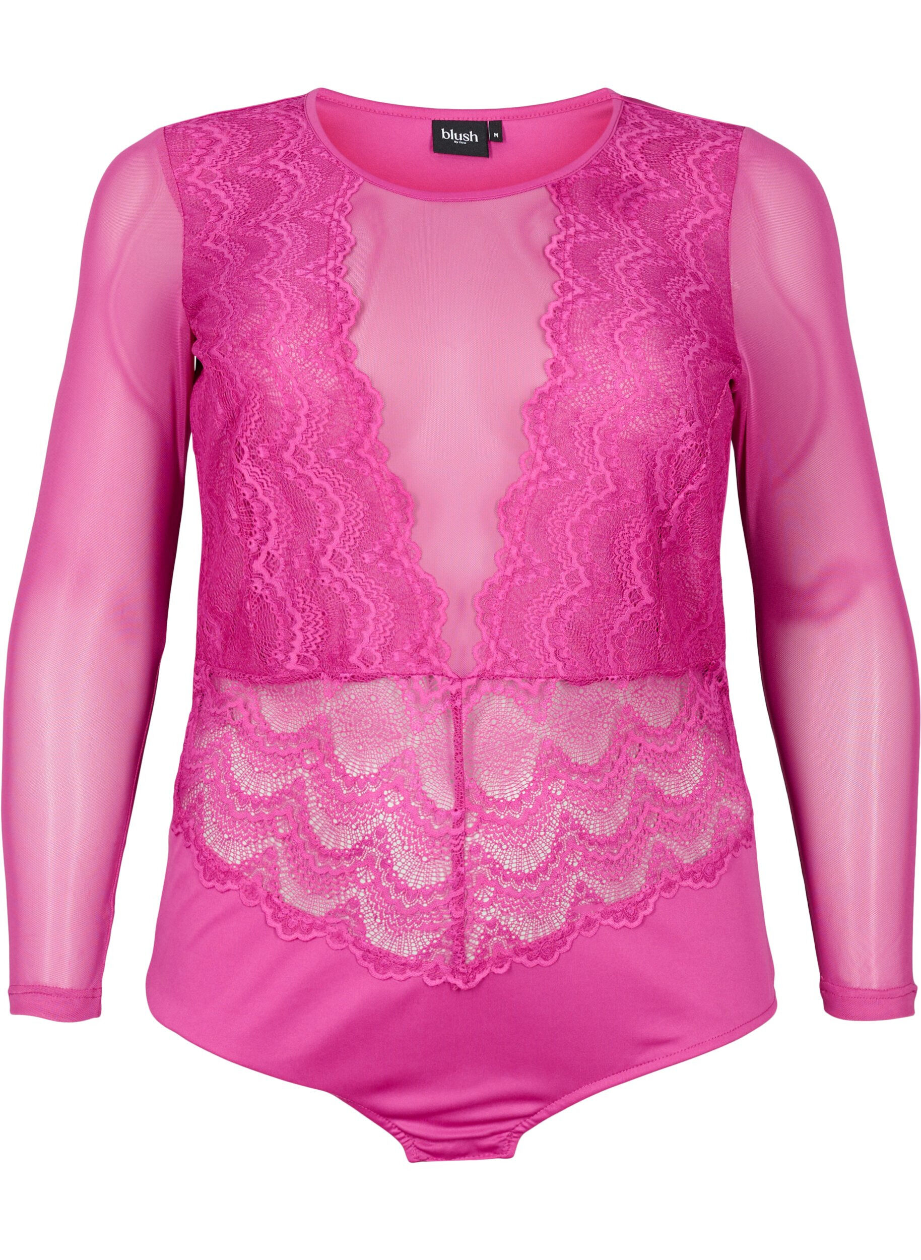 ZizziBodystocking met kant en mesh, Fuchsia Red, Packshot image number 0