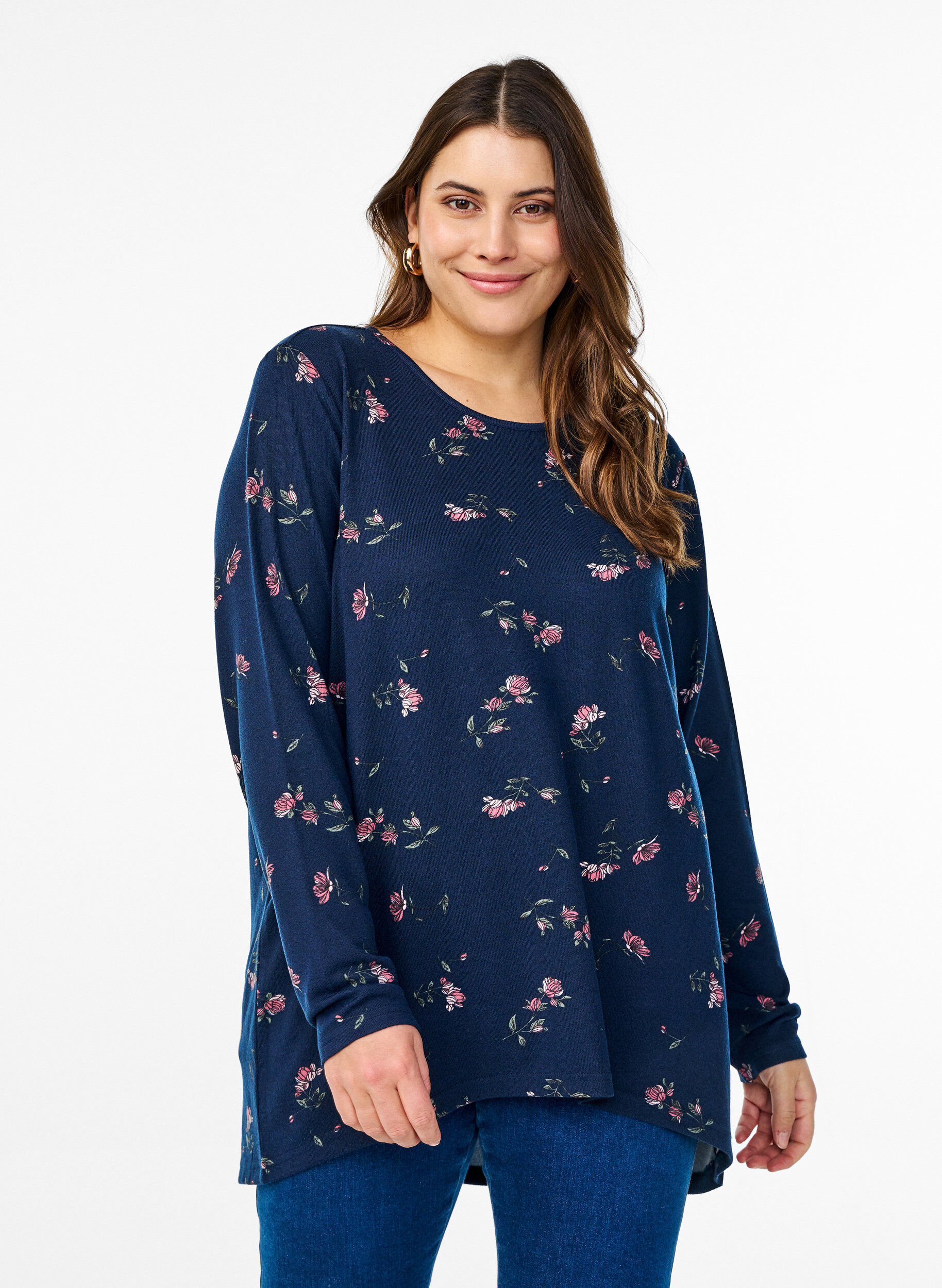 ZizziGebloemde blouse met lange mouwen, Blauw, Model image number 0