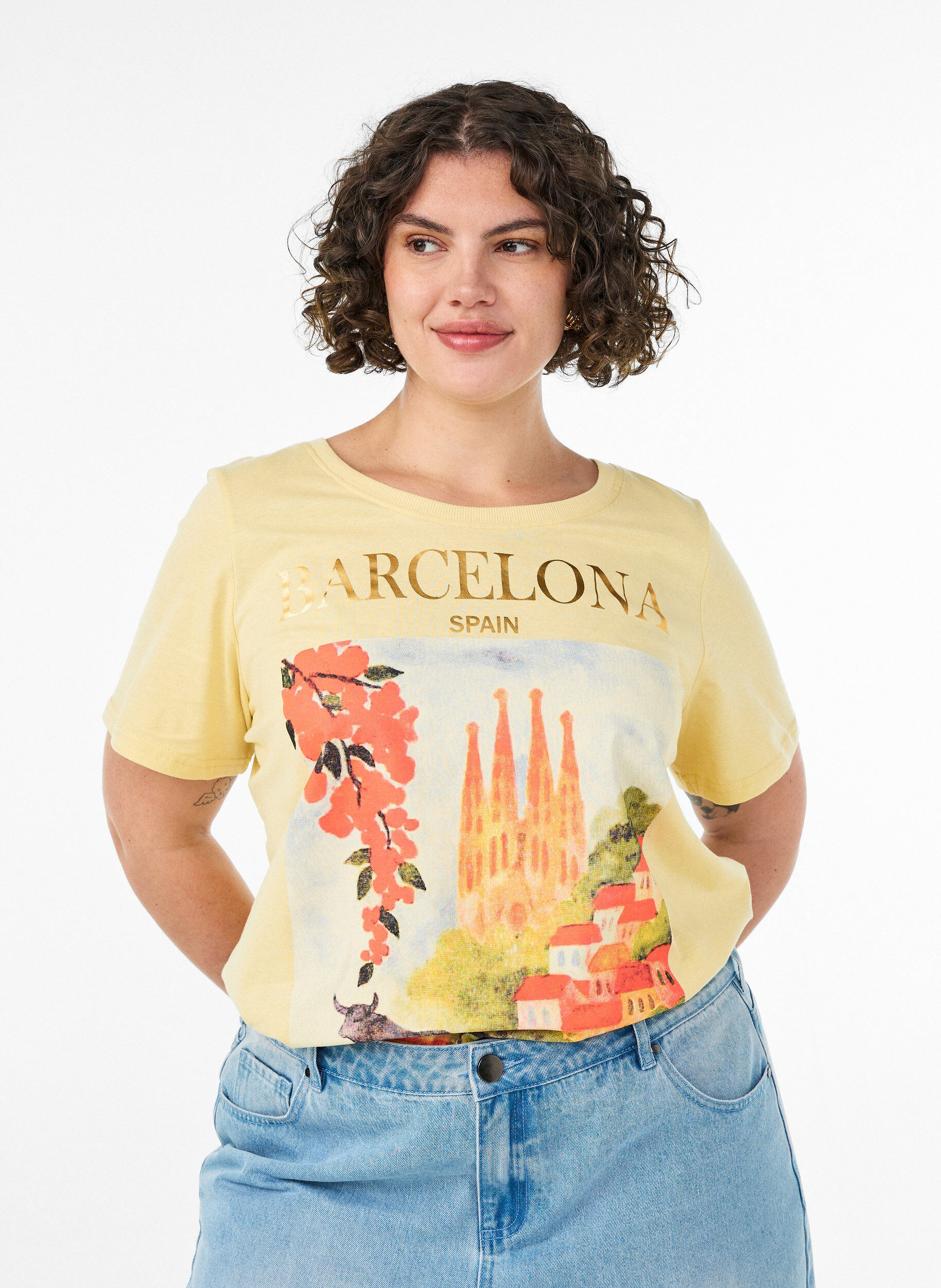 Katoenen T-shirt met print, Geel, Model