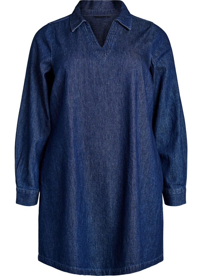Korte denim jurk met een V-hals en kraag, Blauw, Packshot image number 0