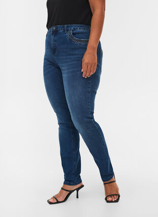 Nille jeans met hoge taille en klinknagels, Medium Blue denim, Model image number 3