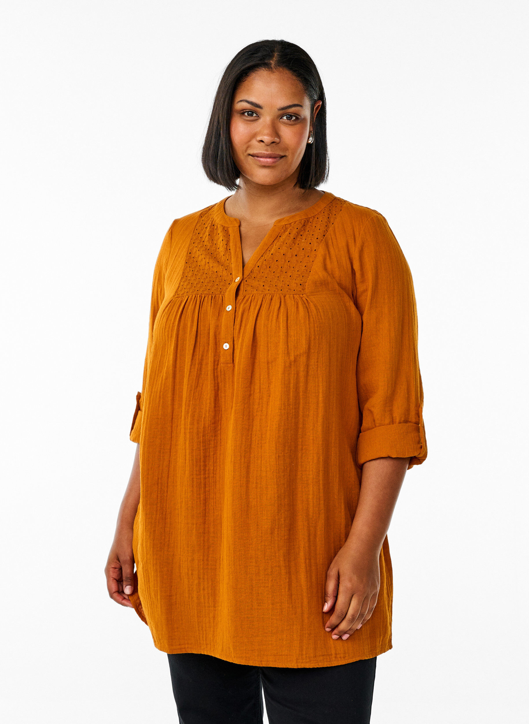 ZizziTunique en mousseline de coton avec broderie anglaise, Orange, Model image number 0