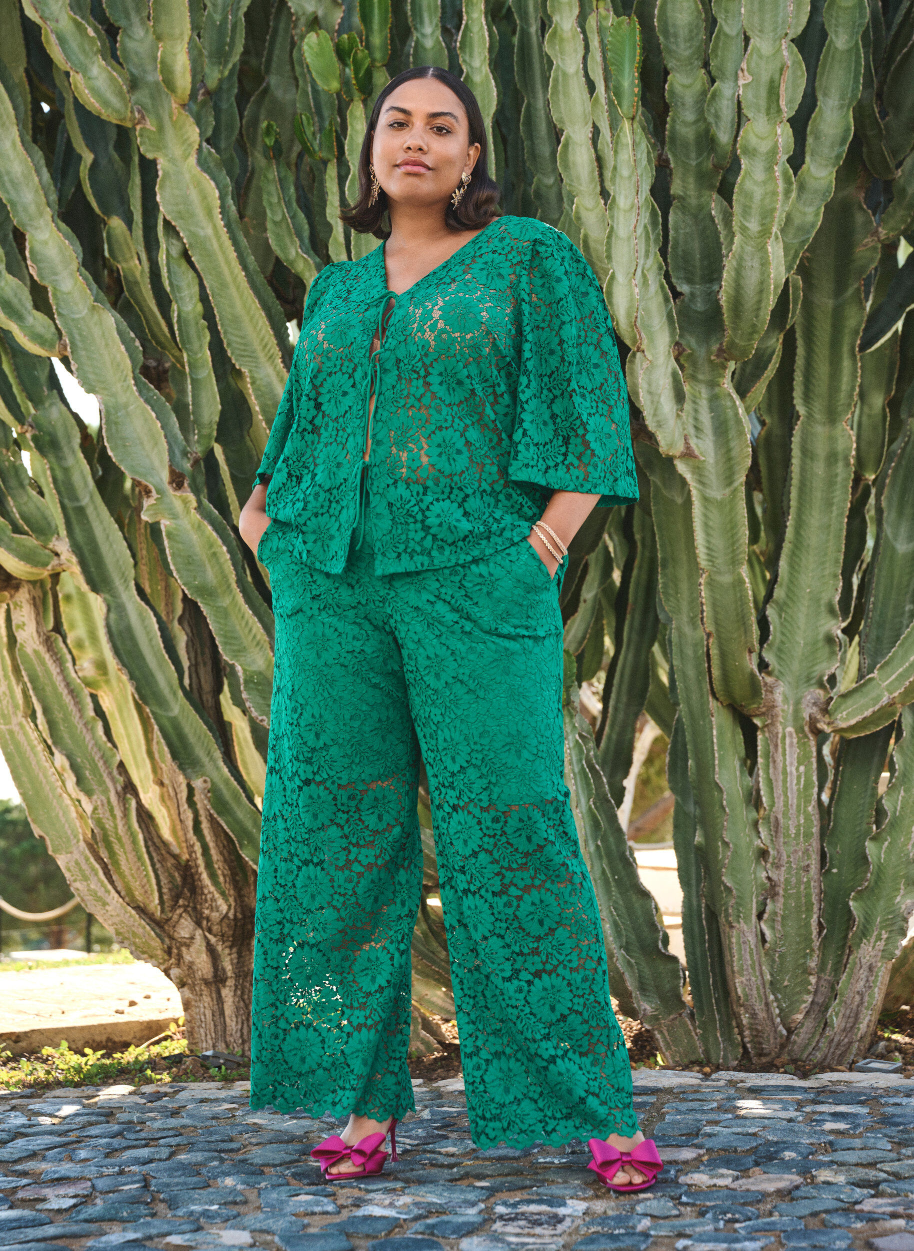 ZizziKanten broek met hoge taille en zakken, Groen, Image image number 0