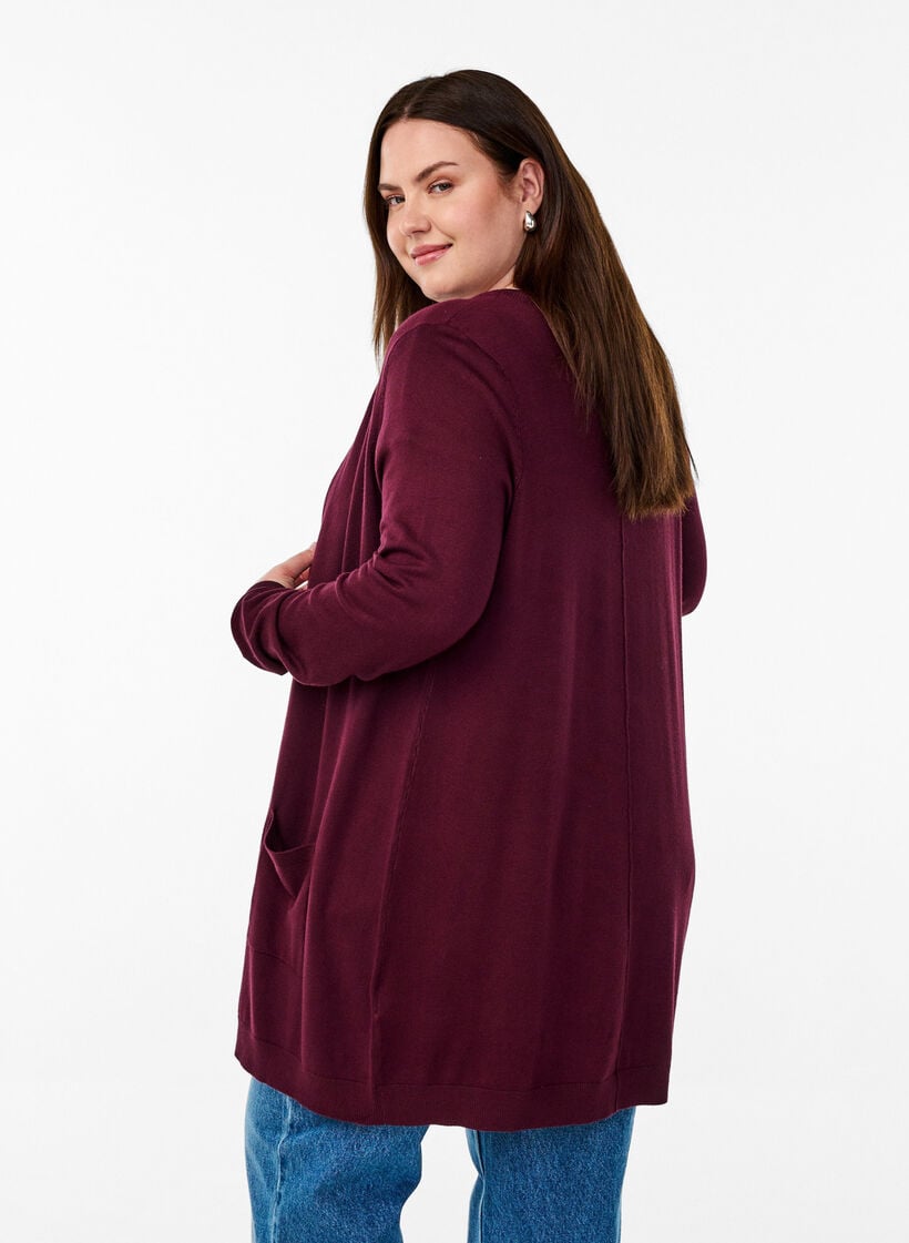 Long cardigan tricot&eacute; en m&eacute;lange de viscose, Bordeaux, Model image number 2