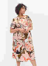 Viscose jurk met print en smokwerk, Abstract AOP, Model