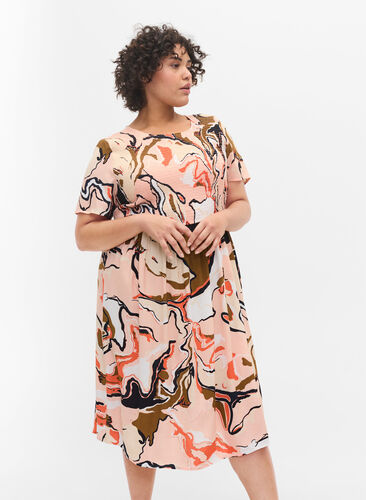 Viscose jurk met print en smokwerk, Abstract AOP, Model image number 0