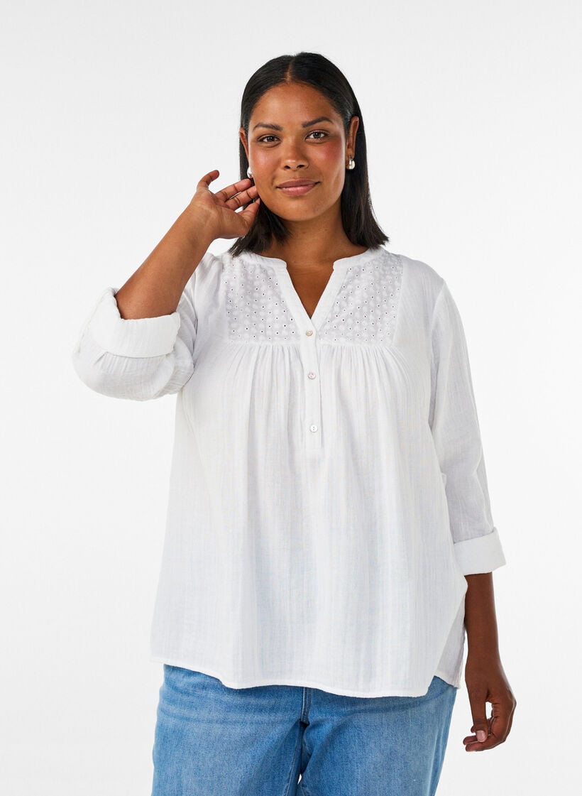 Blouse en mousseline de coton avec broderie anglaise, Blanc, Model image number 0