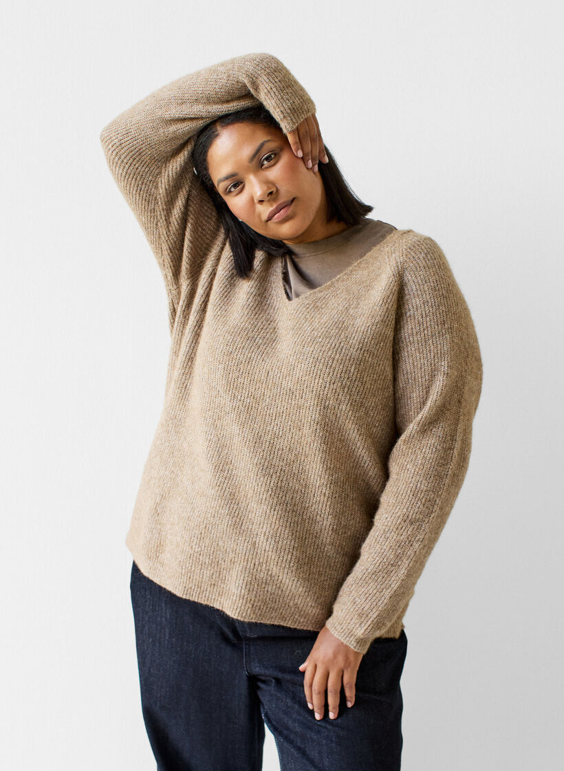 Gebreide blouse met V-hals en raglanmouwen, Bruin, Model image number 3