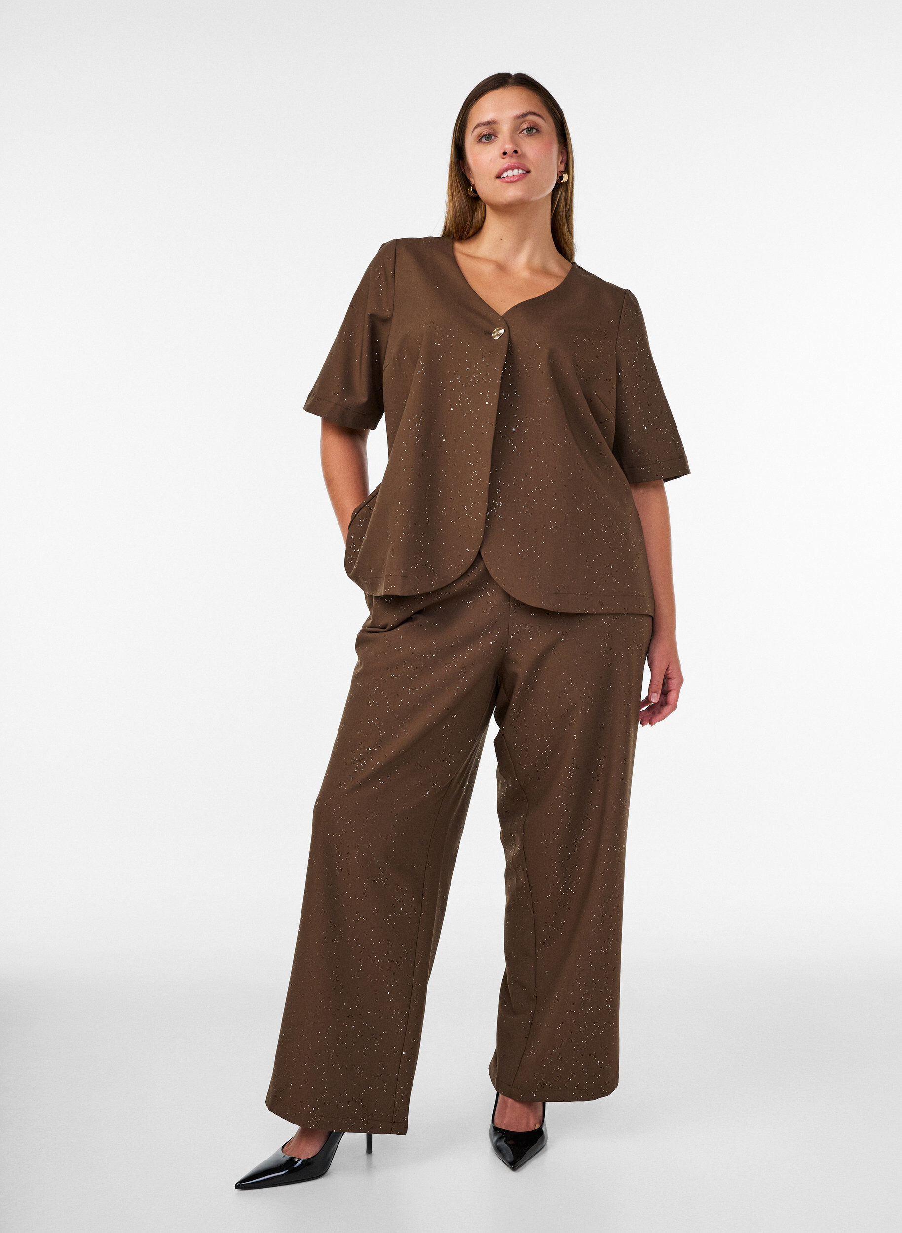ZizziPantalon &agrave; coupe ample avec paillettes, Marron, Model image number 0