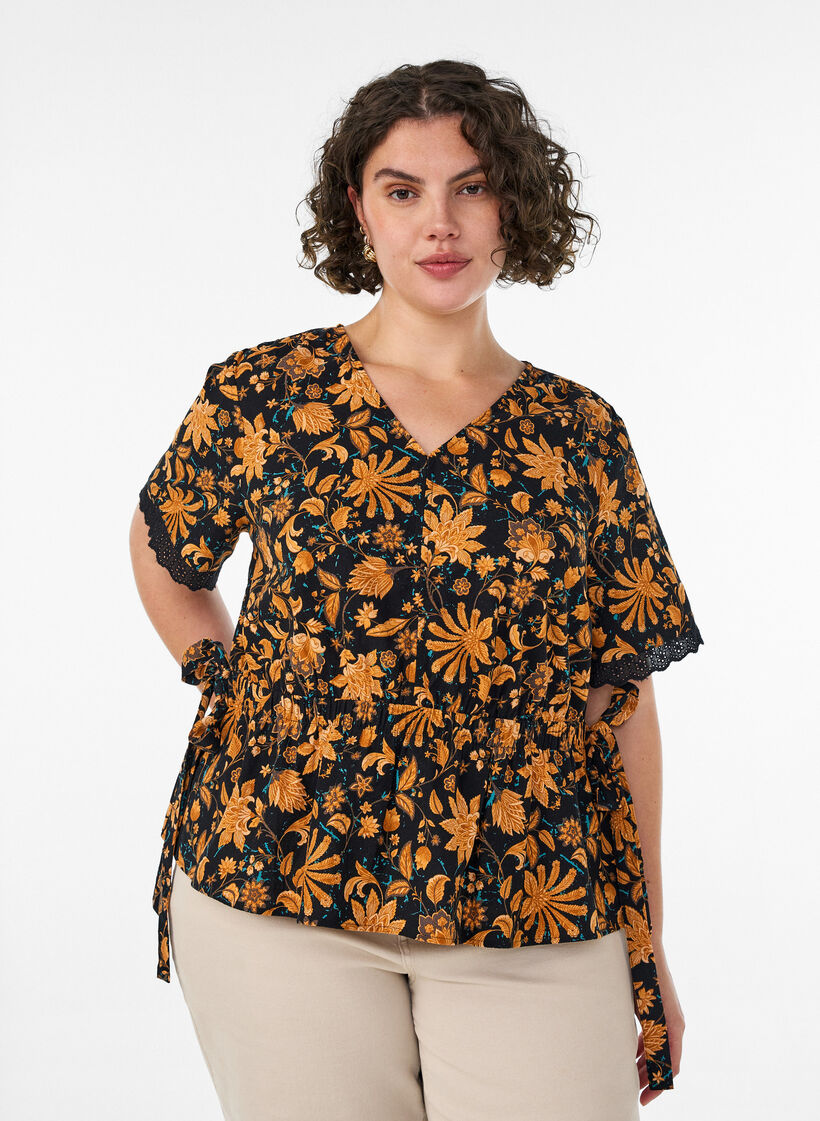Katoenen blouse met bloemenprint en striksluiting, Oranje, Model image number 0