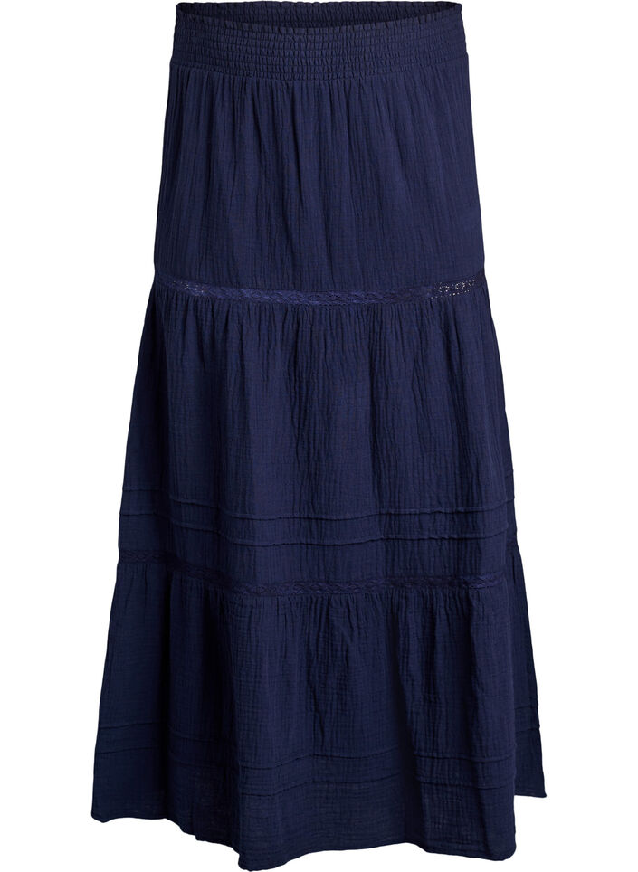 Jupe midi &agrave; coupe &eacute;vas&eacute;e en mousseline de coton avec bande en crochet, Bleu, Packshot image number 0