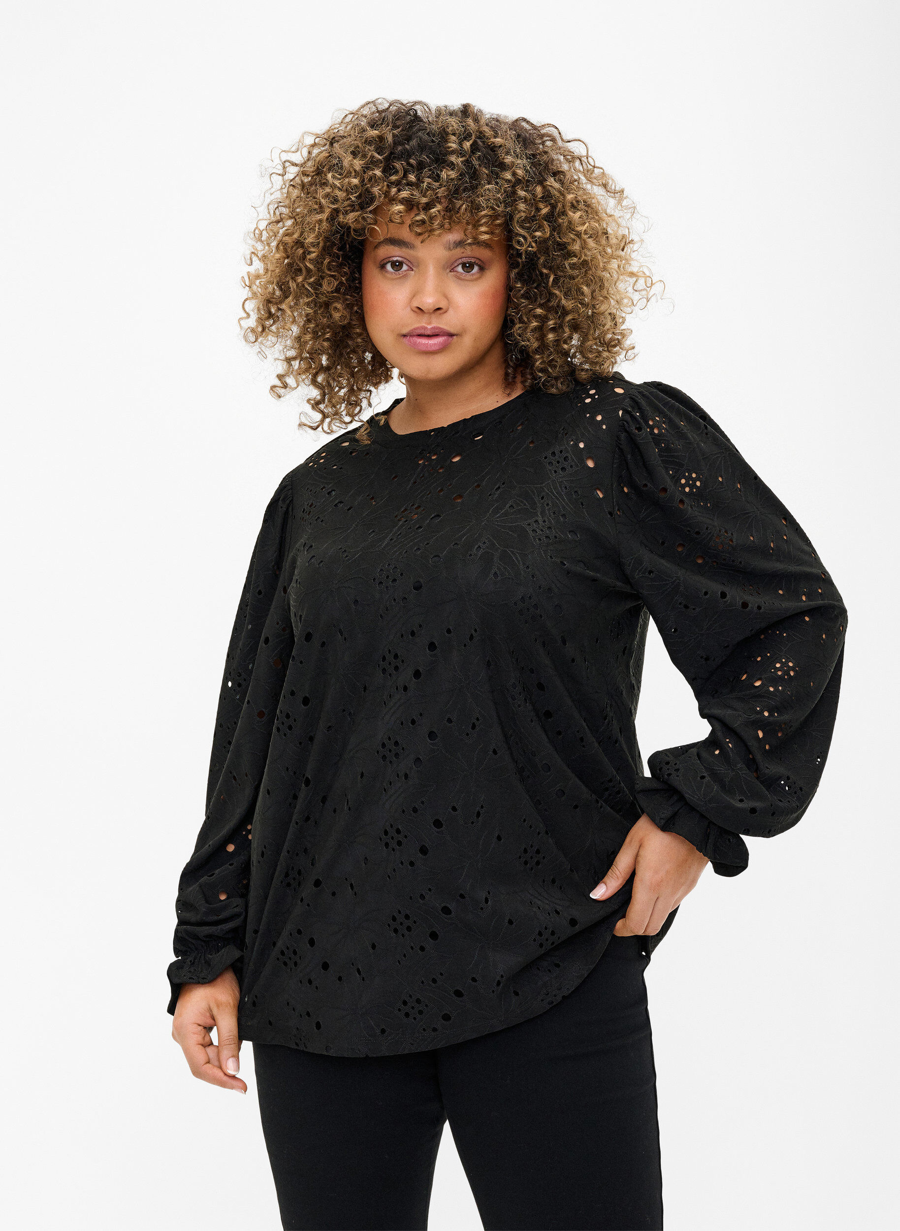 ZizziBlouse met lange mouwen en gaatjespatroon, Black, Model image number 0