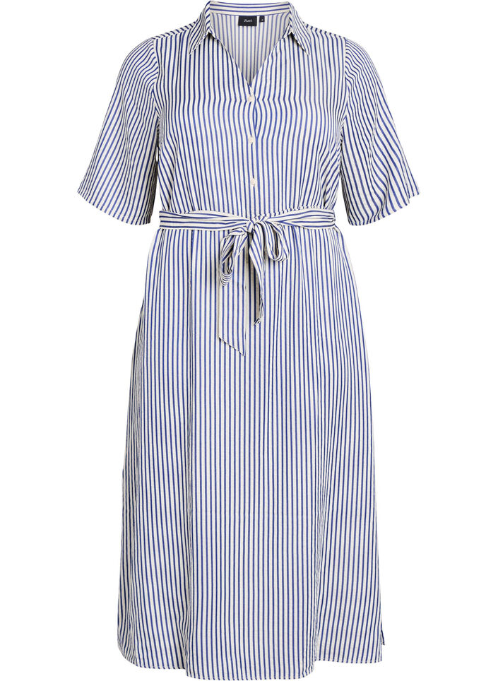 Robe-chemise longue jusqu&rsquo;aux chevilles avec ceinture &agrave; nouer et rayures, Bleu, Packshot image number 0