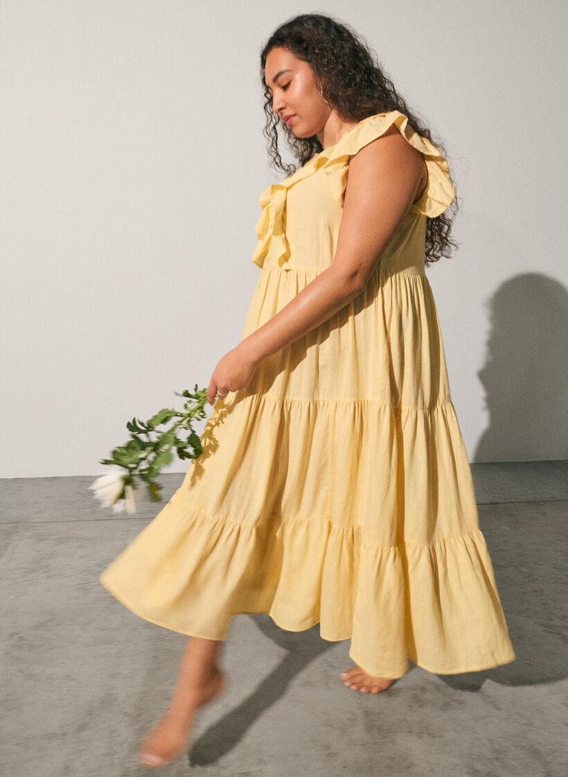 Mouwloze midi jurk in linnen en viscose met ruches, Geel, Image image number 0
