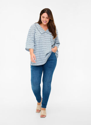 Geruite blouse met 3/4-mouwen en kraag met ruches, Light Blue Check , Model image number 2