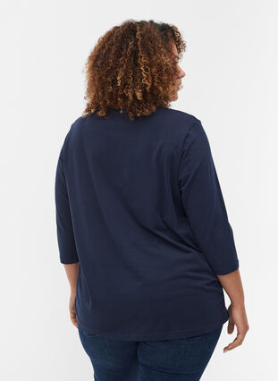 T-shirt en coton uni à manches 3/4, Navy Blazer, Model image number 1