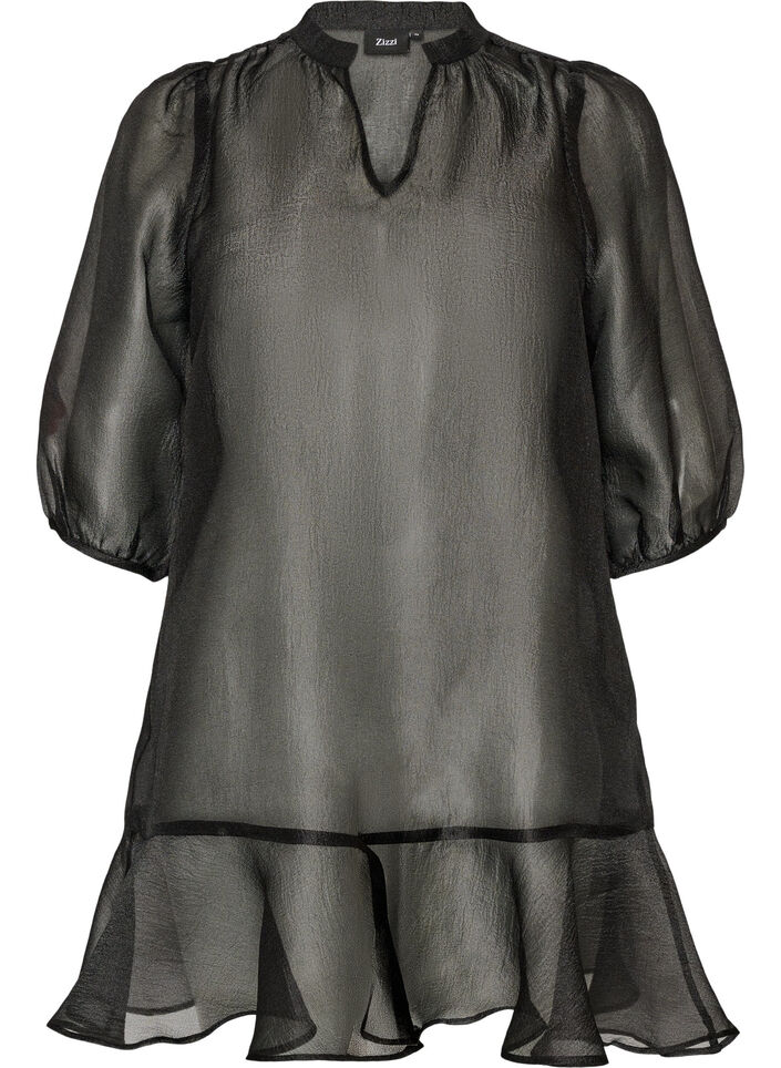 Robe courte en organza avec ourlet &agrave; volants, Noir, Packshot image number 0