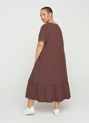 Viscose jurk met korte mouwen en v-hals, Mocca, Model image number 1