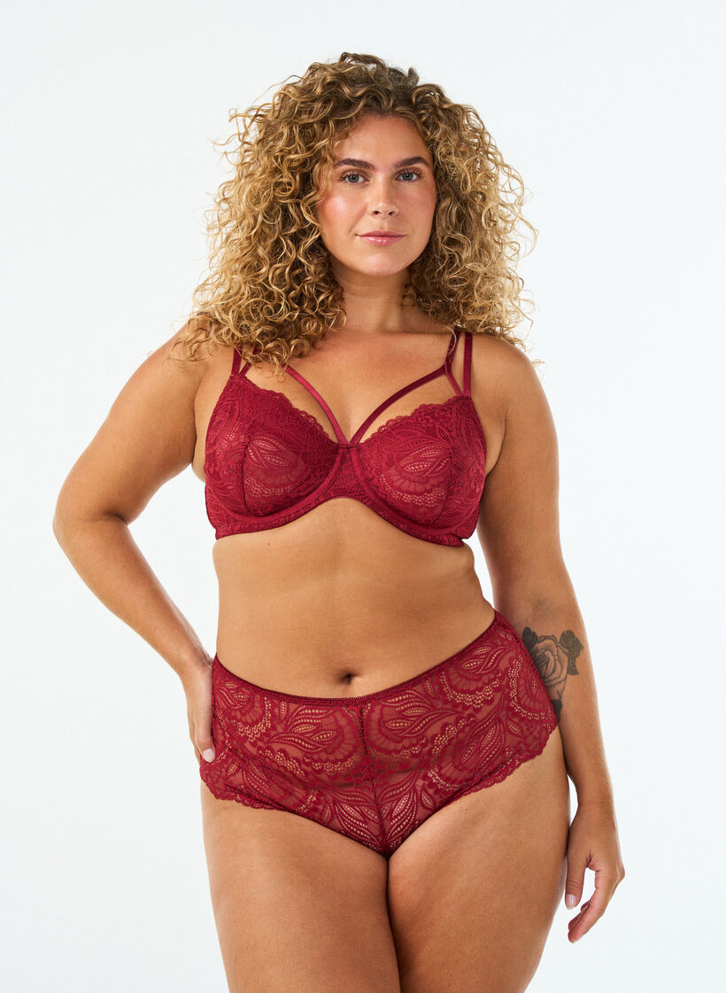 String hipster ouvert taille haute avec dentelle, Rouge, Model image number 0