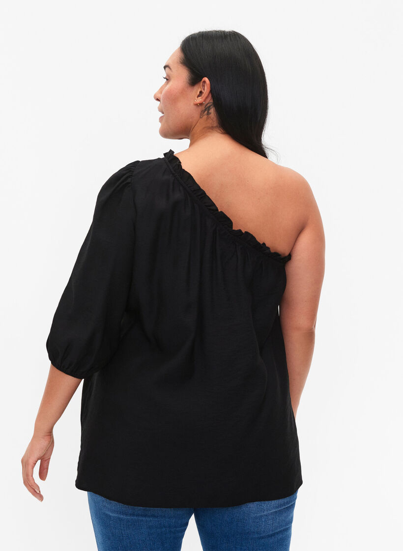 One-shoulder blouse in viscose, Zwart, Model image number 2