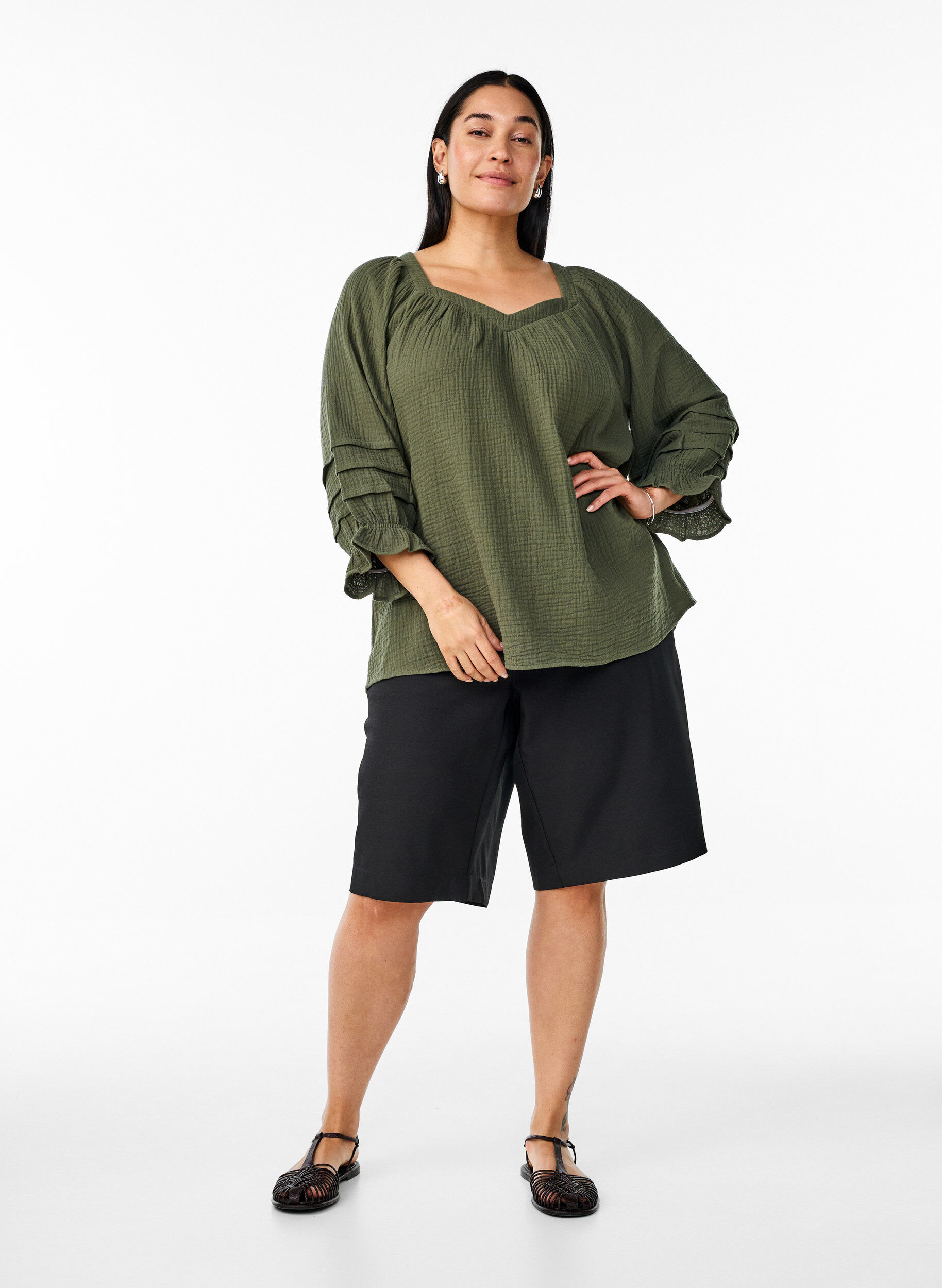 ZizziKatoenen mousseline blouse met 3/4 mouwen, Thyme, Model image number 2