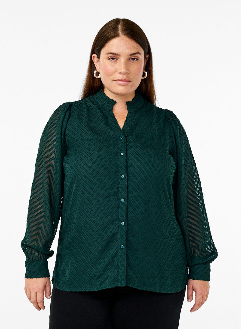 Shirt met textuur en een gerimpelde kraag, Groen, Model image number 0